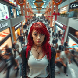 A higher cinematic shot showcasing a young and hip woman with striking red hair, standing in the middle of a crowded shopping mall