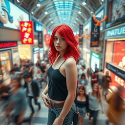 A higher cinematic shot showcasing a young and hip woman with striking red hair, standing in the middle of a crowded shopping mall