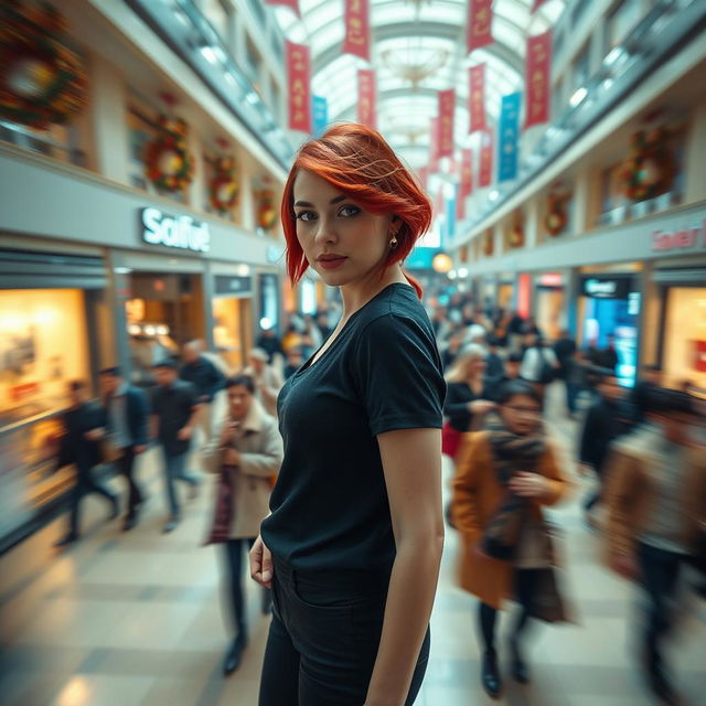 A higher cinematic shot showcasing a young and hip woman with striking red hair, standing in the middle of a crowded shopping mall