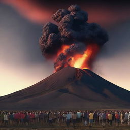 A digital rendering of two volcanoes erupting simultaneously, viewed from a distance by a crowd of people.