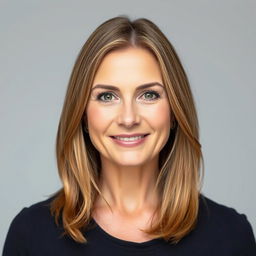 A full-length photograph of a woman aged between 30 to 45 years with a natural appearance, featuring minimal makeup and well-groomed hair