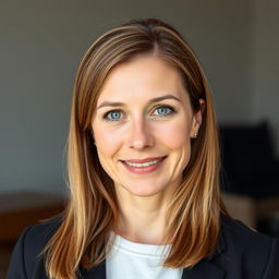 A full-length photograph of a woman aged between 30 to 45 years with a natural appearance, featuring minimal makeup and well-groomed hair