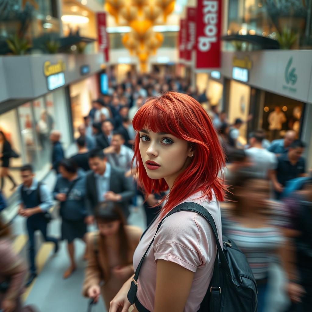 A higher cinematic shot featuring a young and hip woman with striking red hair, distinctly standing out from a bustling crowd in a shopping mall