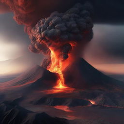 A digital rendering of two volcanoes erupting simultaneously, with plumes of smoke and ash billowing into the sky and rivers of glowing lava flowing down the mountainsides