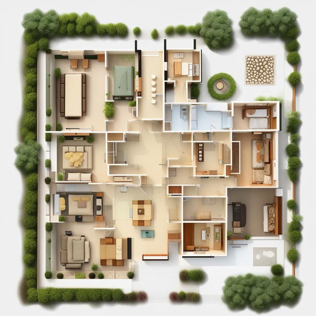 Create a detailed floor plan of a 4 bedroom, L-shaped, ground-level house.