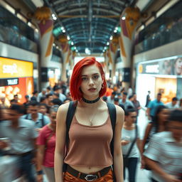 A higher cinematic shot featuring a young and hip woman with striking red hair, distinctly standing out from a bustling crowd in a shopping mall