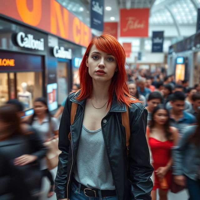 A higher cinematic shot featuring a young and hip woman with striking red hair, distinctly standing out from a bustling crowd in a shopping mall