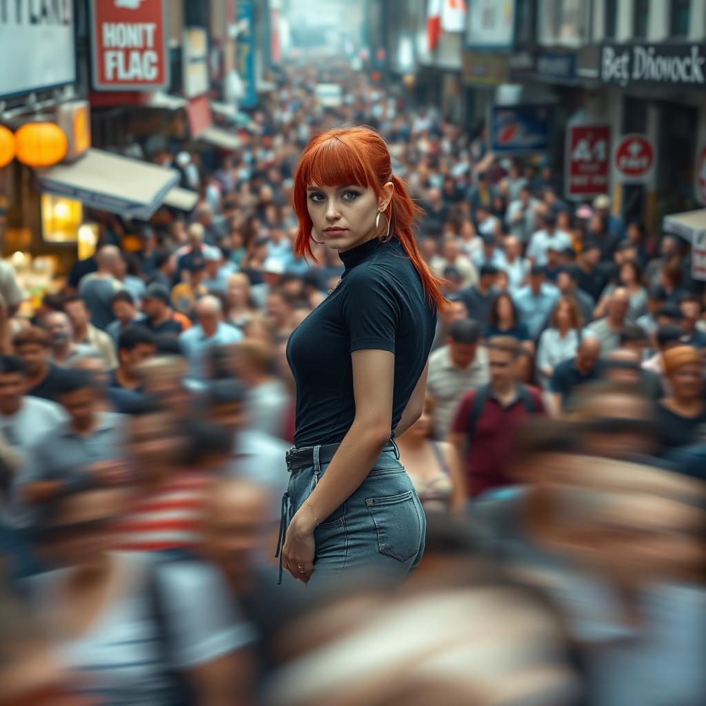 A distant cinematic shot featuring a young and cool woman with striking red hair, standing out prominently amidst a huge crowd of people on a bustling street