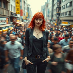 A distant cinematic shot featuring a young and cool woman with striking red hair, standing out prominently amidst a huge crowd of people on a bustling street