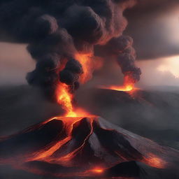 A digital rendering of two volcanoes erupting simultaneously, with plumes of smoke and ash billowing into the sky and rivers of glowing lava flowing down the mountainsides