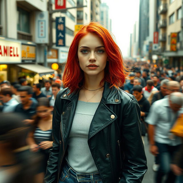 A distant cinematic shot featuring a young and cool woman with striking red hair, standing out prominently amidst a huge crowd of people on a bustling street