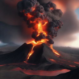 A digital rendering of two volcanoes erupting simultaneously, with plumes of smoke and ash billowing into the sky and rivers of glowing lava flowing down the mountainsides