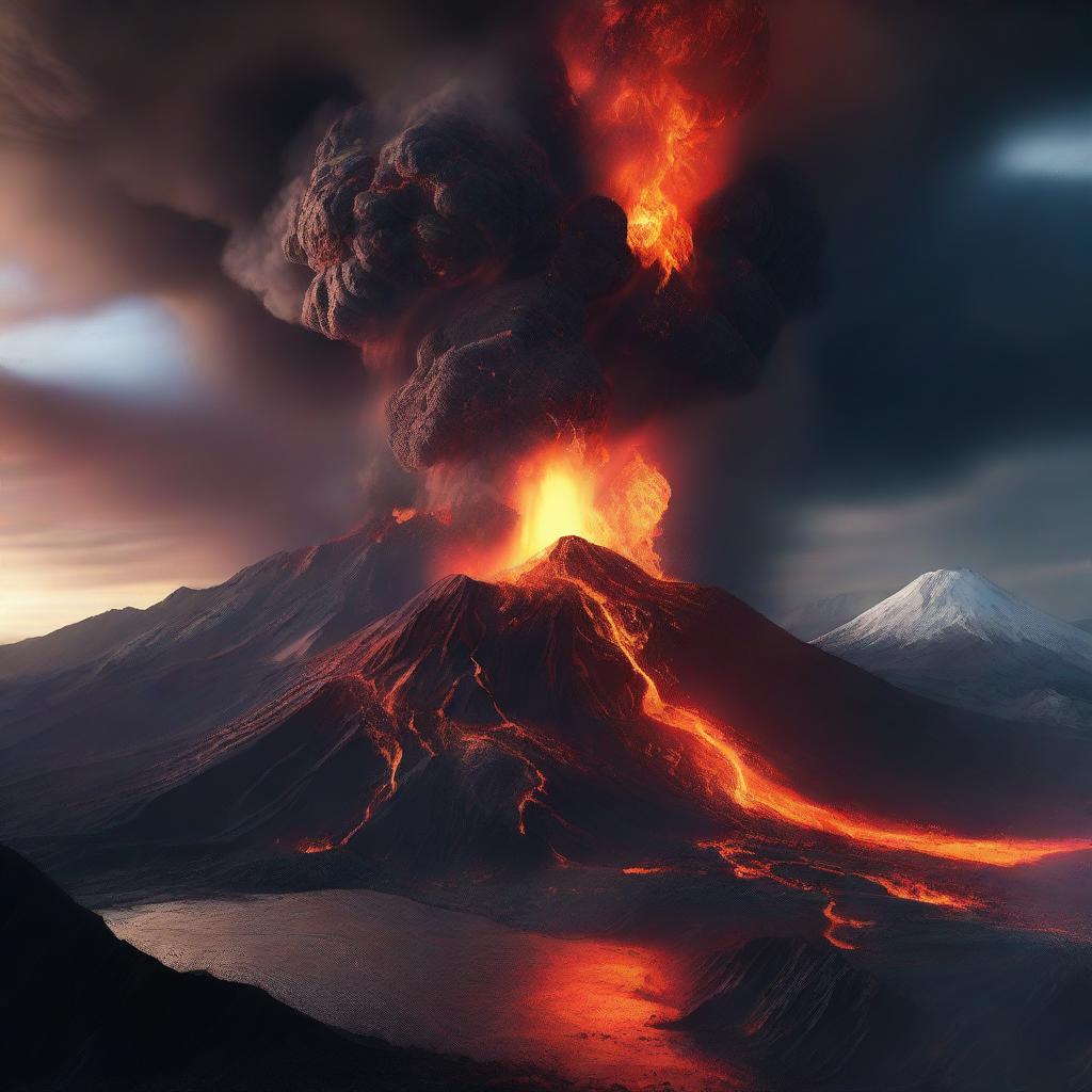 A digital rendering of two volcanoes erupting simultaneously, with plumes of smoke and ash billowing into the sky and rivers of glowing lava flowing down the mountainsides