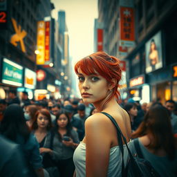 A distant cinematic and dramatically lit shot of a bustling street scene filled with a diverse crowd of people