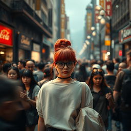 A distant cinematic and dramatically lit shot of a bustling street scene filled with a diverse crowd of people