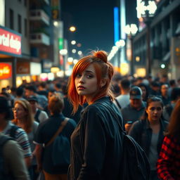 A distant cinematic and dramatically lit shot of a bustling street scene filled with a diverse crowd of people