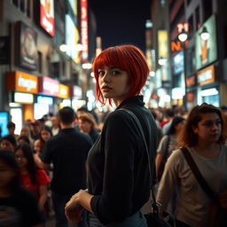 A distant cinematic and dramatically lit shot of a bustling street scene filled with a diverse crowd of people