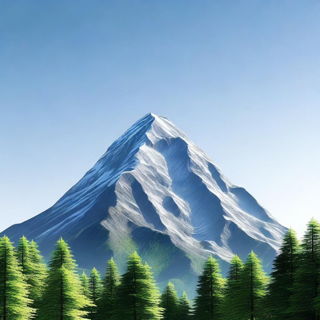 A digital rendering of the highest mountain covered with the highest forest, set against a clear sky.