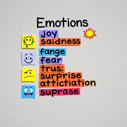 A visually appealing and colorful representation of a list of emotions, displayed creatively on a textured background