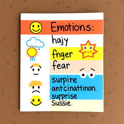 A visually appealing and colorful representation of a list of emotions, displayed creatively on a textured background