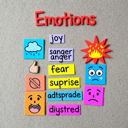 A visually appealing and colorful representation of a list of emotions, displayed creatively on a textured background