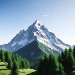 A digital rendering of the highest mountain covered with the highest forest, set against a clear sky.