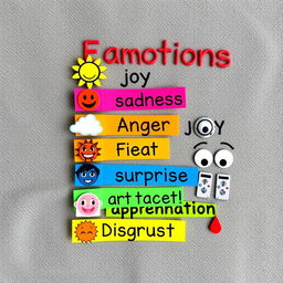 A visually appealing and colorful representation of a list of emotions, displayed creatively on a textured background