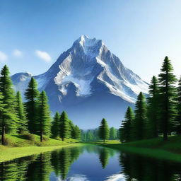 A digital rendering of the highest mountain covered with the highest forest, set against a clear sky.