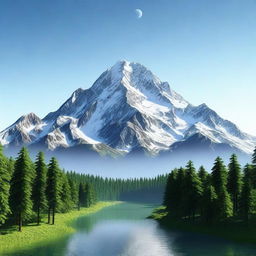 A digital rendering of the highest mountain covered with the highest forest, set against a clear sky.