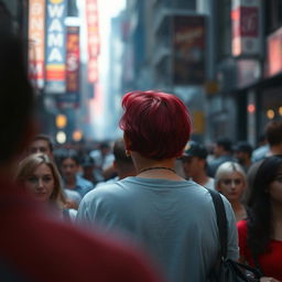 A distant cinematic and dramatically lit shot depicting a crowded street scene filled with a diverse array of people