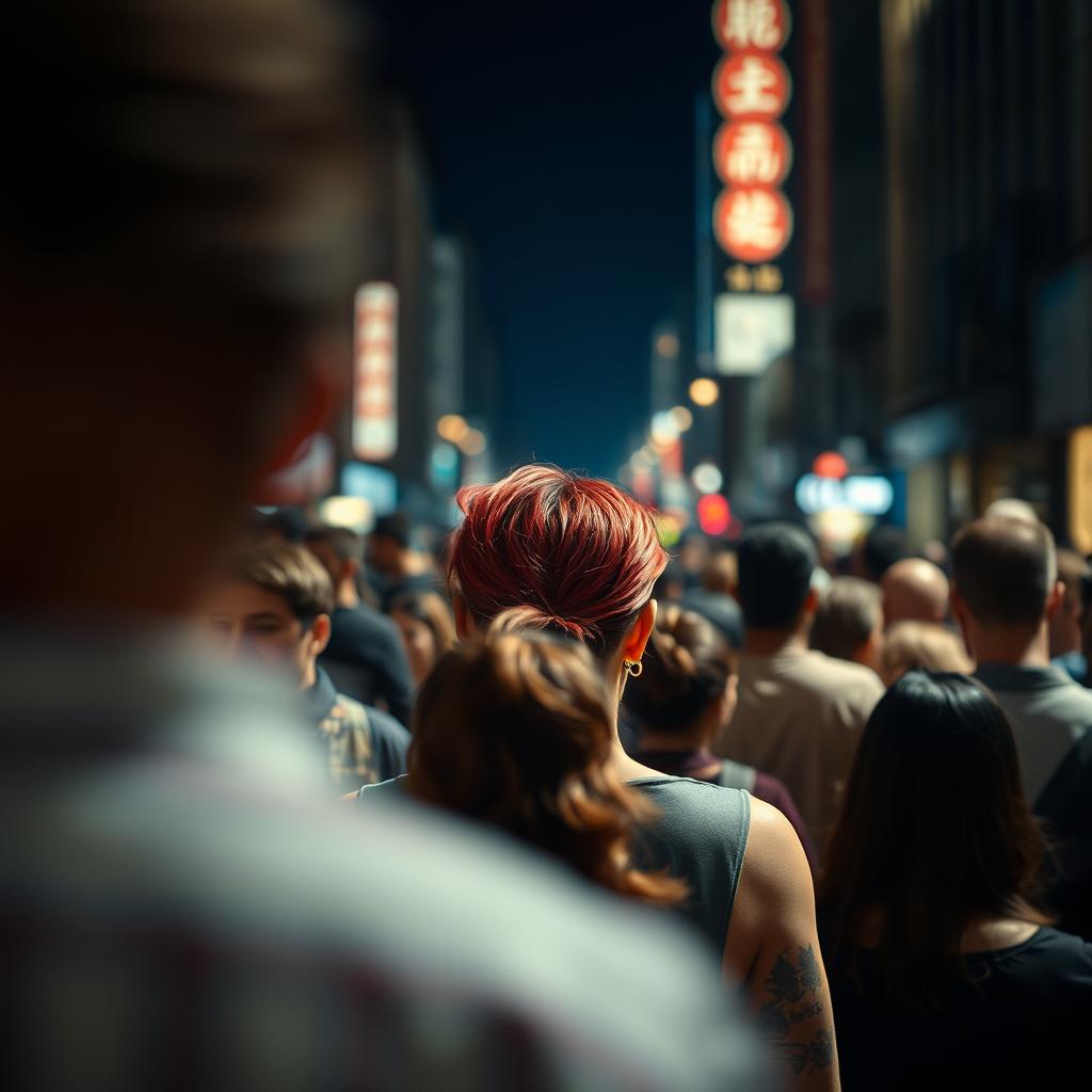 A distant cinematic and dramatically lit shot depicting a crowded street scene filled with a diverse array of people