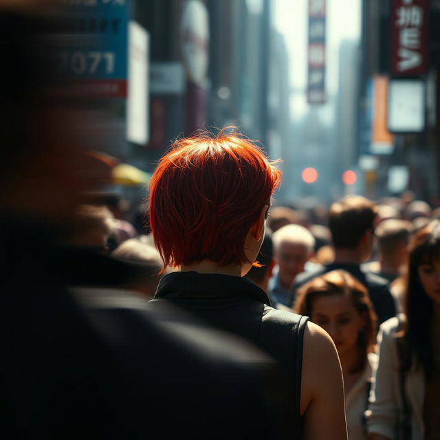 A distant cinematic and dramatically lit shot depicting a crowded street scene filled with a diverse array of people