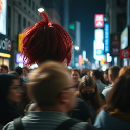 A distant cinematic and dramatically lit shot depicting a crowded street scene filled with a diverse array of people