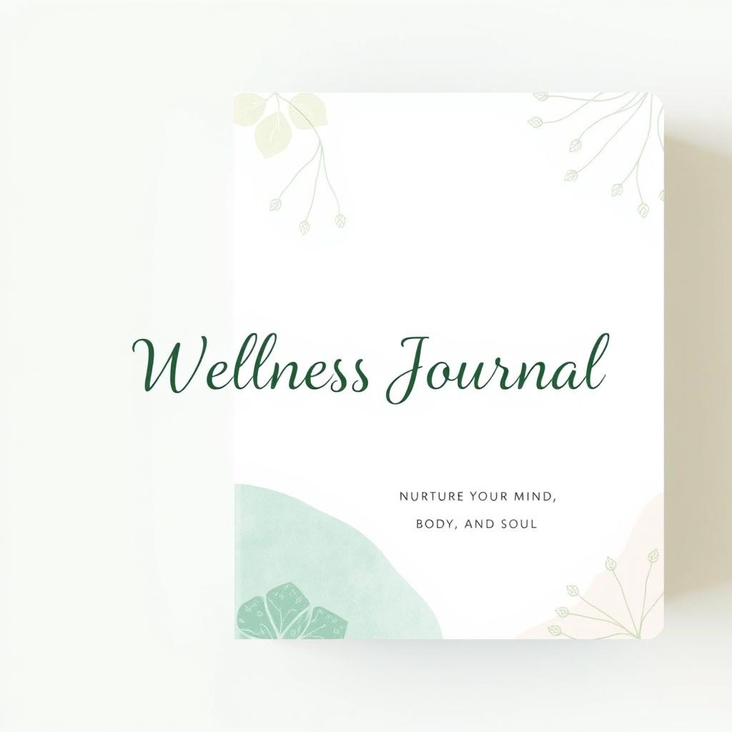 A beautifully designed cover for a wellness journal, featuring calming and soothing colors such as soft greens, blues, and pastels