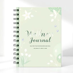 A beautifully designed cover for a wellness journal, featuring calming and soothing colors such as soft greens, blues, and pastels