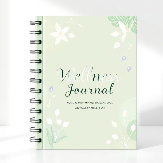 A beautifully designed cover for a wellness journal, featuring calming and soothing colors such as soft greens, blues, and pastels