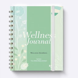 A beautifully designed cover for a wellness journal, featuring calming and soothing colors such as soft greens, blues, and pastels
