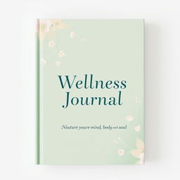 A beautifully designed cover for a wellness journal, featuring calming and soothing colors such as soft greens, blues, and pastels