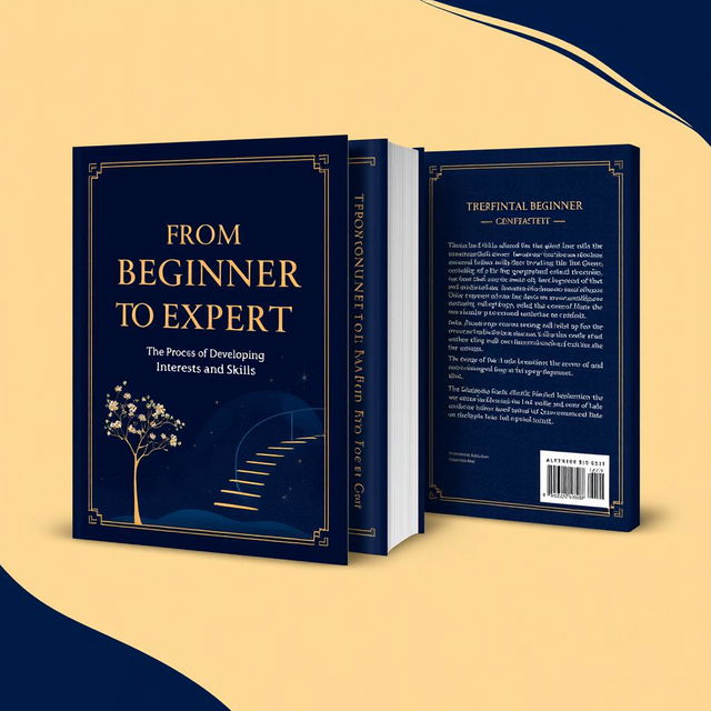 An elegant book cover design set for 'From Beginner to Expert: The Process of Developing Interests and Skills', consisting of separate designs for the front, back, and spine