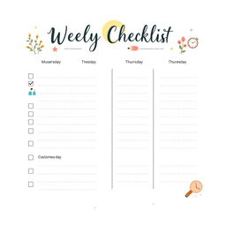 A modern and aesthetically pleasing weekly checklist cover, featuring an organized layout with sections for each day of the week