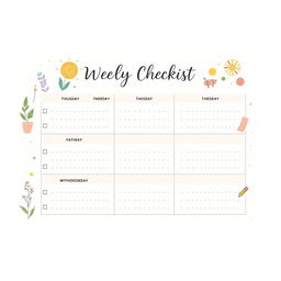 A modern and aesthetically pleasing weekly checklist cover, featuring an organized layout with sections for each day of the week