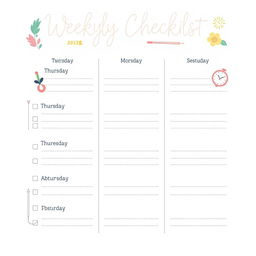 A modern and aesthetically pleasing weekly checklist cover, featuring an organized layout with sections for each day of the week