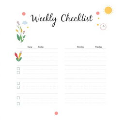 A modern and aesthetically pleasing weekly checklist cover, featuring an organized layout with sections for each day of the week