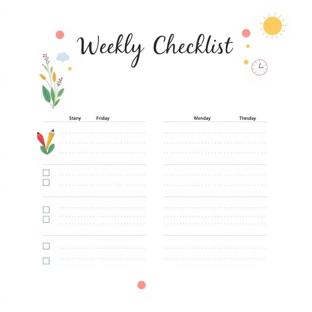 A modern and aesthetically pleasing weekly checklist cover, featuring an organized layout with sections for each day of the week