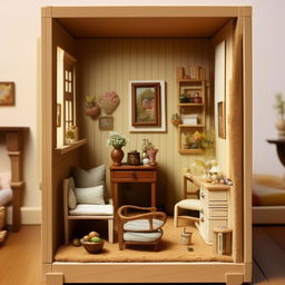 Design a miniature room fitted in an 11 by 18-inch space, with detailed, scaled-down furniture and decorations.
