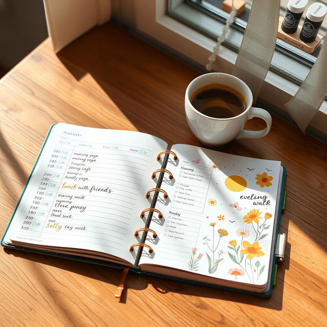 A beautiful, inviting planner spread on a wooden table