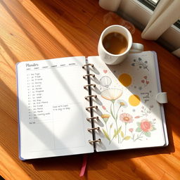 A beautiful, inviting planner spread on a wooden table
