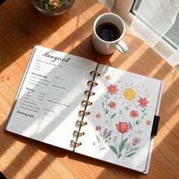 A beautiful, inviting planner spread on a wooden table