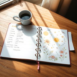A beautiful, inviting planner spread on a wooden table