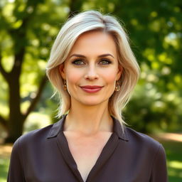 A 35-year-old woman with light blonde hair and European features, dressed elegantly without any revealing clothing, standing in a serene outdoor setting